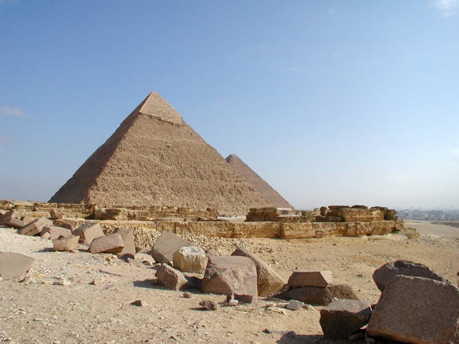 Khafre's Pyramid veiwed from the Mortuary Temple of Menkaure's Pyramid.