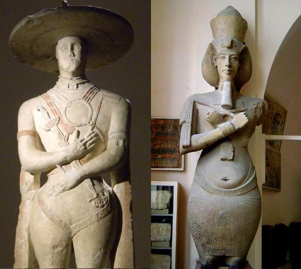 Left: The warrior of Capestrano; right: Pharaoh Akhenaten.