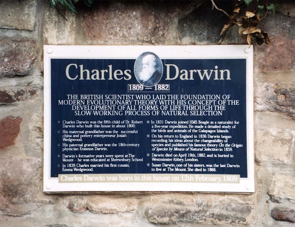 Plaque commemorating Charles Darwin, 1809 to 1882.