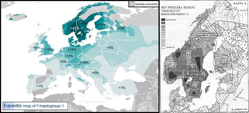 Left, map showing the distribution of haplogroup I1; right, map of the last century illustrating the