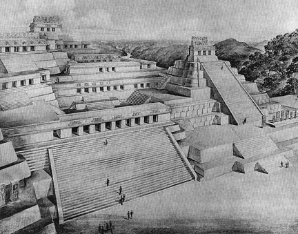 Mayan Acropolis at Piedras Negras, Guatemala. Drawing by Tatiana Proskouriakoff from Breaking the Ma