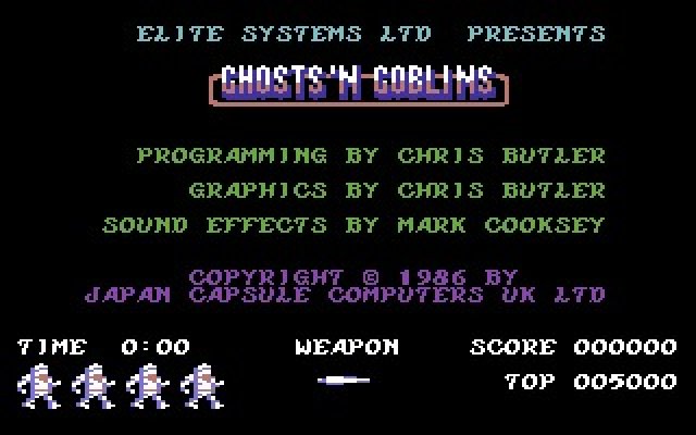 Title screen of Ghost`n Goblins on the Commodore 64.