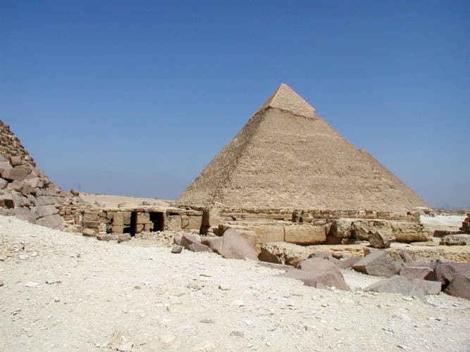The Pyramid of Khafre with the Mortuat Temple of Menkaure in the foreground.