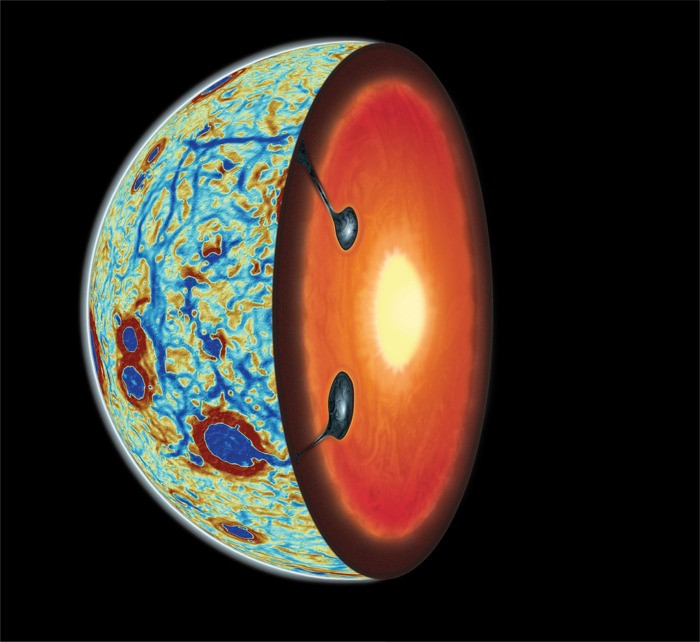Gravitational gradient map of the Moon's near side and cross section showing two dips bringing down 