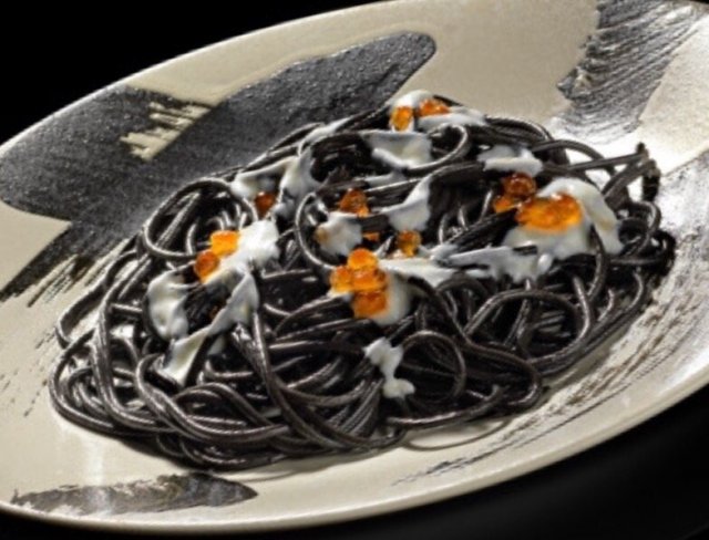 Spaghetti with Cuttlefish Ink, Yogurt Sauce and Salmon Eggs by Gualtiero Marchesi