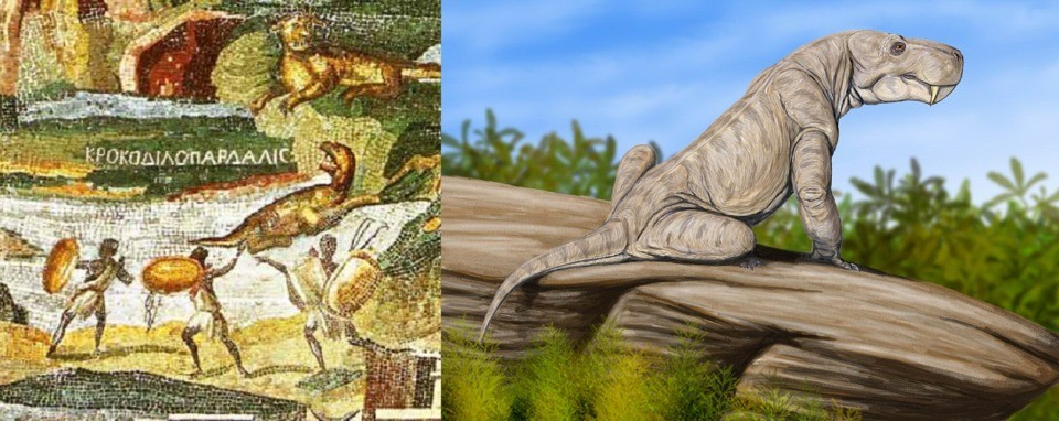 Left, detail of the Nile Mosaic showing the mysterious crocodilepard . Right, reconstruction of the 