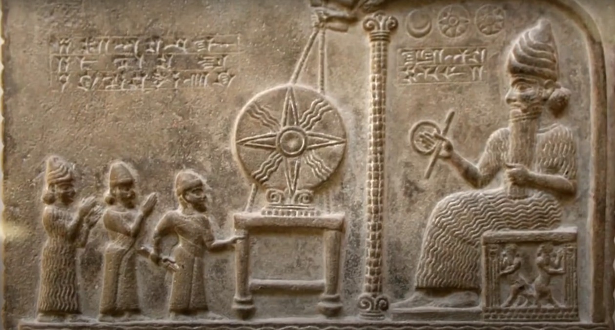 Sumerian tablet with seated giant king.