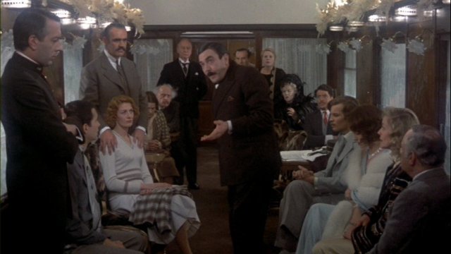 Poirot inspects cabins and interviews individual passengers. Due to contradictory evidence from the 