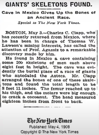 Giant skeletons found, published in The New York Times in 1908.