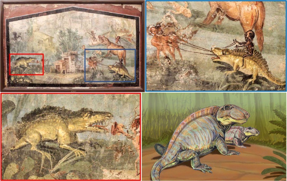 Top left, Roman wall painting depicting the hunt for two unknown reptiles (highlighted by the boxes)