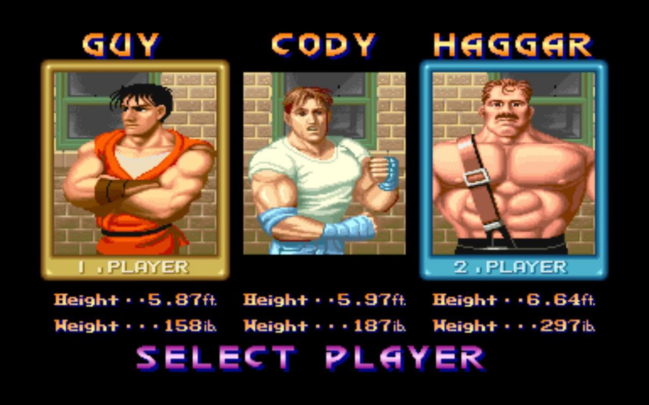 Final crash player select. You can choose between Guy, Cody or Haggar.