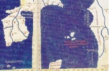 Detail of a reconstruction of Ptolemy's Map of the World. Look on the right and below at the word Ca