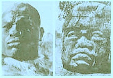 Left, a warrior from Nubia, Africa. At right, an Olmec sculpture.