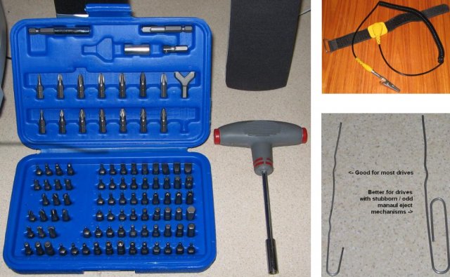 left: interchageable-head screwdriver and plenty of bits; right top: anti-static wrist strap; right 