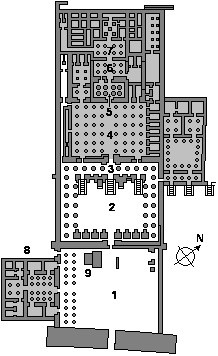 Ramesseum plan: 1, first courtyard; 2, second courtyard; 3, vestibule; 4, large hypostyle hall; 5,6,