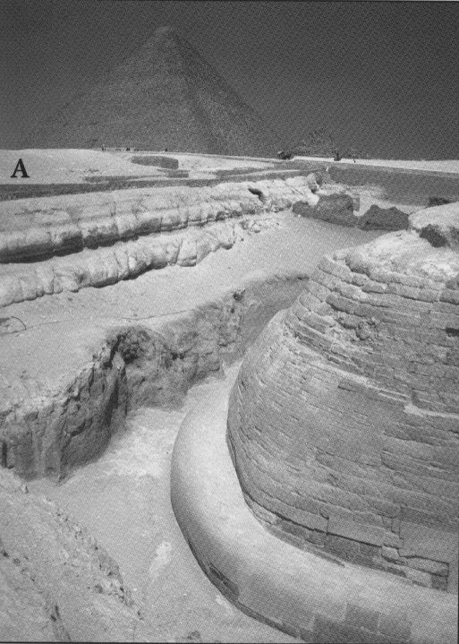 Fig. 8:The rear of the Sphinx enclosure, with the sand-filled Khufu quarry (A) beyond the modern low