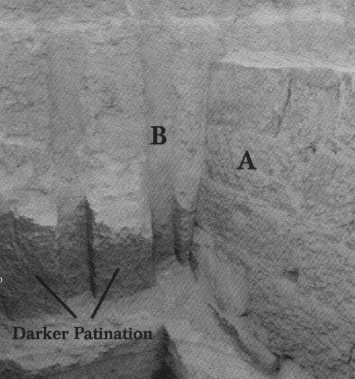 Fig. 13: Old Kingdom style masonry (A) placed against and covering the darker niched-façade (B) at t