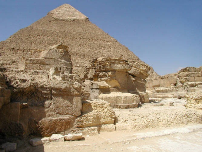 Khafre's Pyramid veiwed from it's Mortuary Temple on the East side.