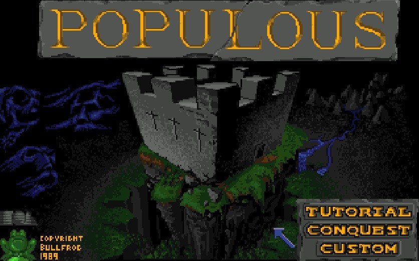 Populous title screen for the Amiga computer