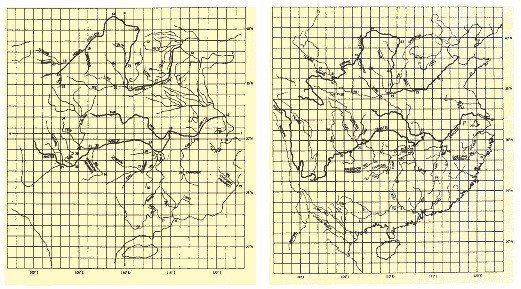 On the left the Chinese map of Yu Chi-fu drawn up in 1137, on the right a modern map with the corres