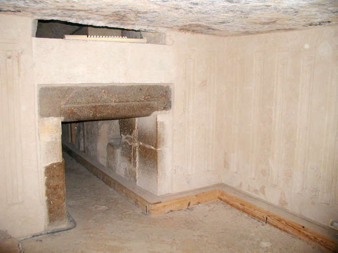 After a descending passage the first chamber in Menkaure's Pyramid has been carved to produce a 