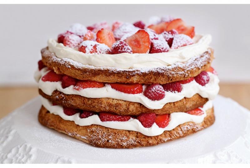 Hazelnut Meringue Layer Cake with Strawberries & Raspberries