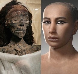 Left: mummy of Tutankhamun; right: reconstruction of how the pharaoh's face might have appeared.