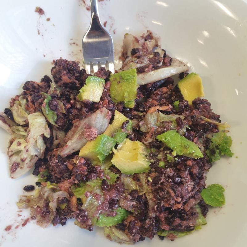 Black rice and quinoa with avocado letture and salmon